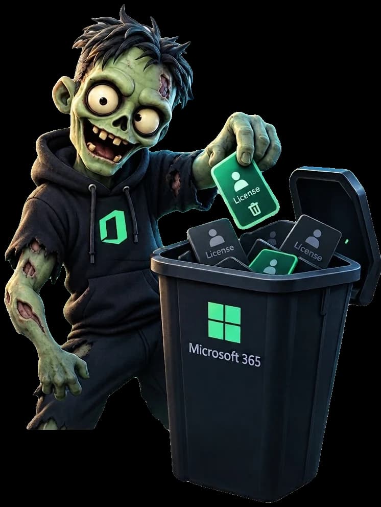 ZombieLicence mascot dropping an unused Microsoft 365 licence card into a Microsoft 365 bin.